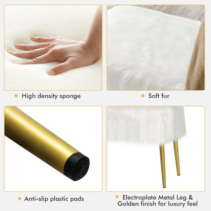 Plush Faux Fur Vanity Stool with Elegant Gold Metal Legs in White