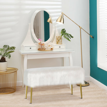 Plush Faux Fur Vanity Stool with Elegant Gold Metal Legs in White