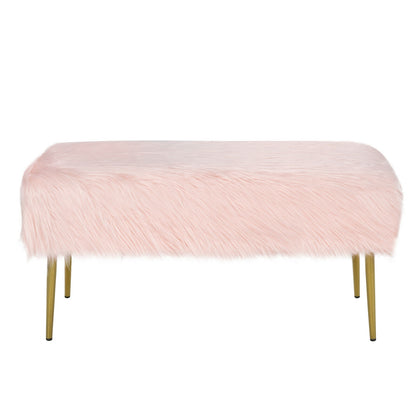 Plush Faux Fur Vanity Stool with Elegant Gold Metal Legs in Pink