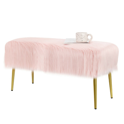 Plush Faux Fur Vanity Stool with Elegant Gold Metal Legs in Pink