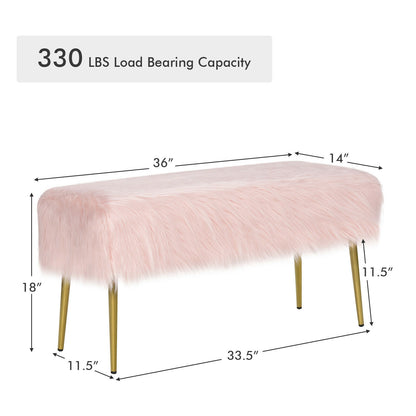 Plush Faux Fur Vanity Stool with Elegant Gold Metal Legs in Pink