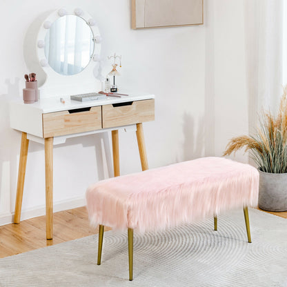 Plush Faux Fur Vanity Stool with Elegant Gold Metal Legs in Pink