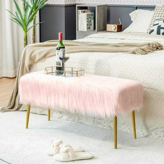 Plush Faux Fur Vanity Stool with Elegant Gold Metal Legs in Pink