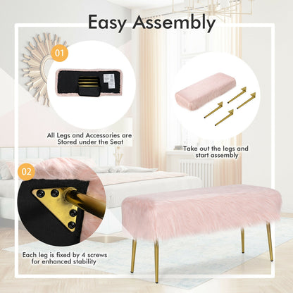 Plush Faux Fur Vanity Stool with Elegant Gold Metal Legs in Pink