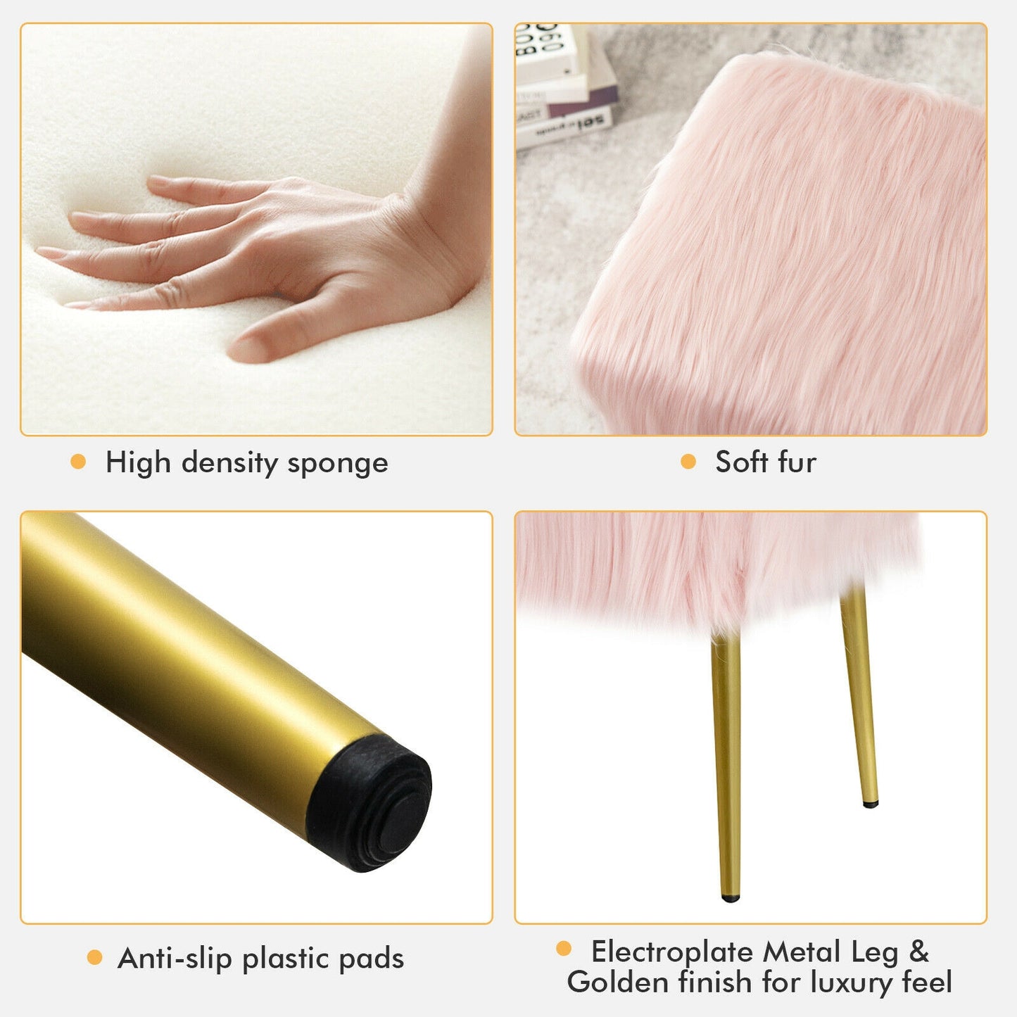 Plush Faux Fur Vanity Stool with Elegant Gold Metal Legs in Pink