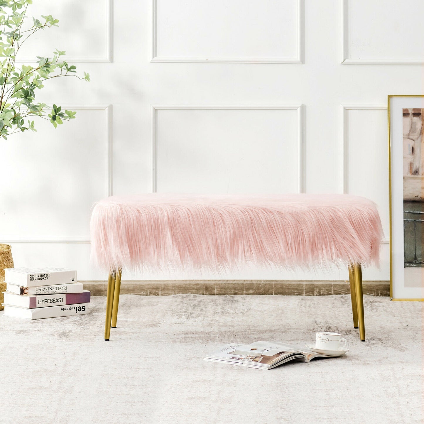Plush Faux Fur Vanity Stool with Elegant Gold Metal Legs in Pink
