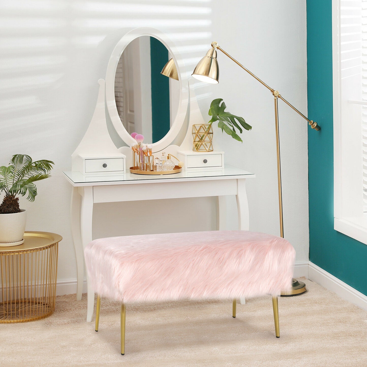 Plush Faux Fur Vanity Stool with Elegant Gold Metal Legs in Pink