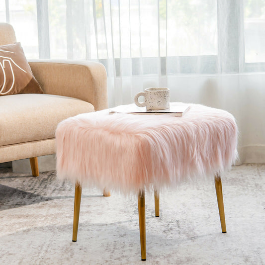 Plush Faux Fur Vanity Stool with Sleek Gold Metal Base in Pink