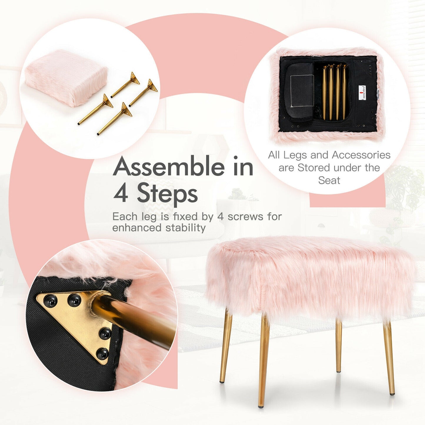 Plush Faux Fur Vanity Stool with Sleek Gold Metal Base in Pink