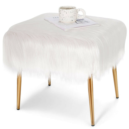 Plush Faux Fur Vanity Stool with Sleek Gold Metal Base in White