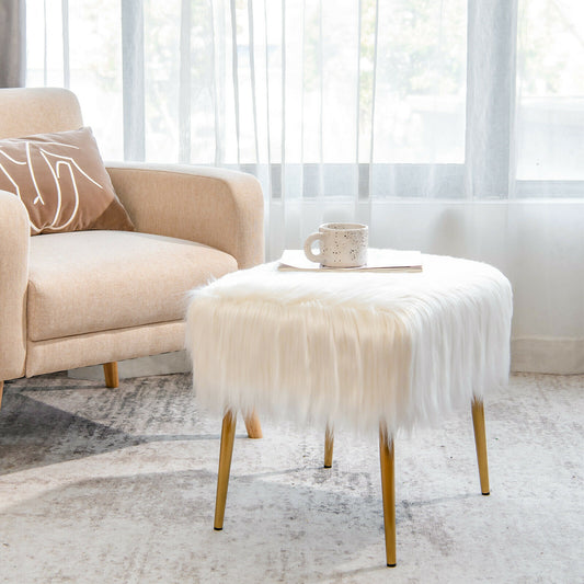 Plush Faux Fur Vanity Stool with Sleek Gold Metal Base in White