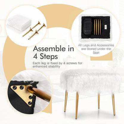 Plush Faux Fur Vanity Stool with Sleek Gold Metal Base in White