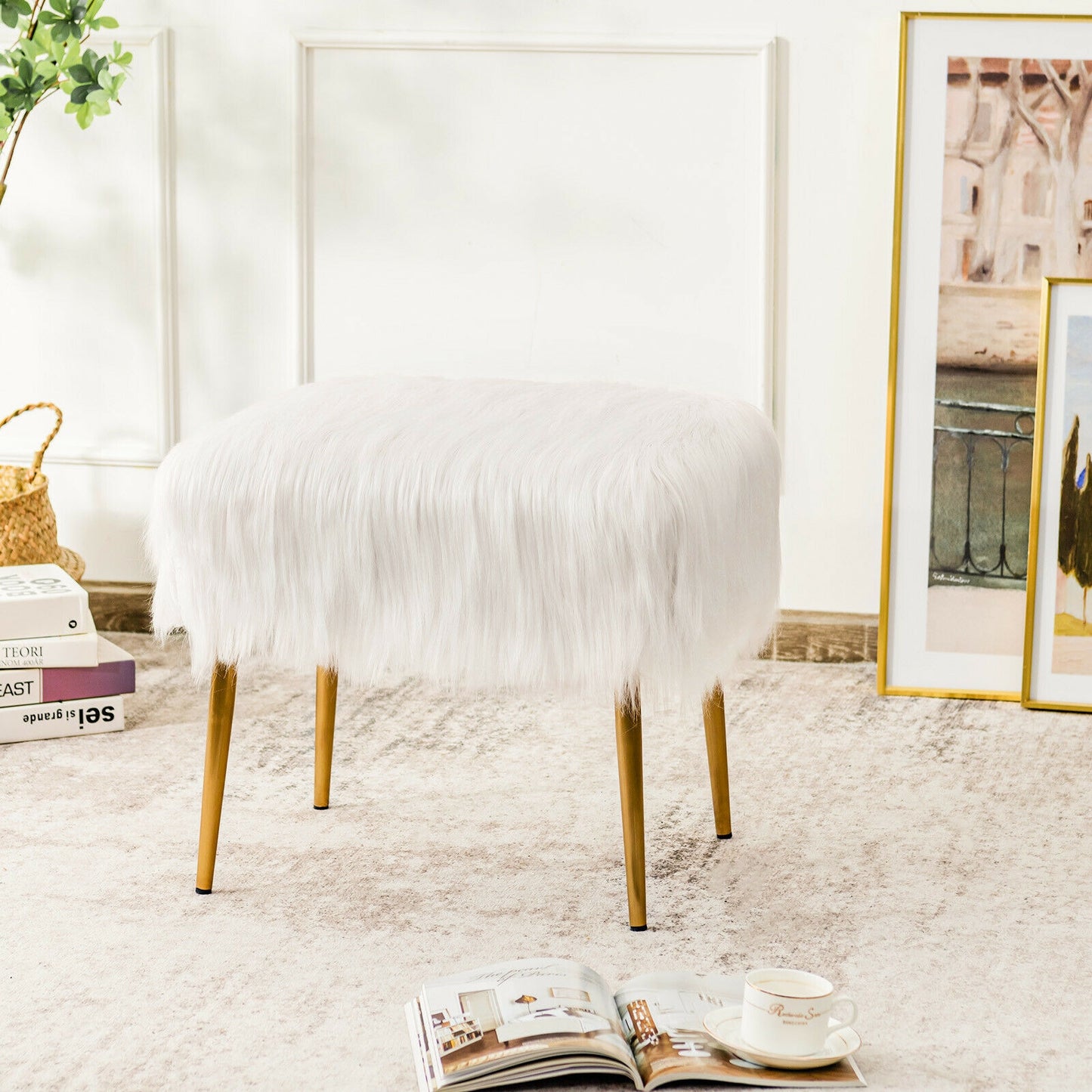Plush Faux Fur Vanity Stool with Sleek Gold Metal Base in White