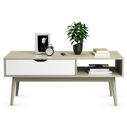 Industrial Style Coffee Table with Storage Drawer and Open Shelves