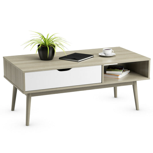 Industrial Style Coffee Table with Storage Drawer and Open Shelves