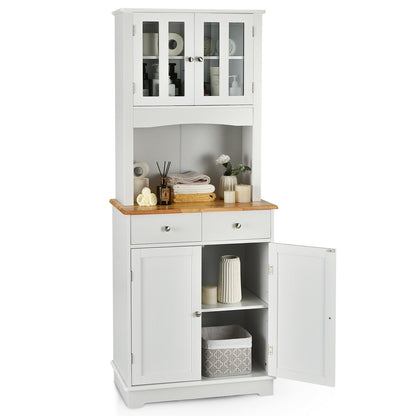 Tall Kitchen Pantry Cabinet with Glass Doors Adjustable Shelves and Wood Countertop Hutch