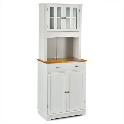 Tall Kitchen Pantry Cabinet with Glass Doors Adjustable Shelves and Wood Countertop Hutch