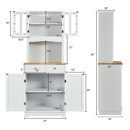 Tall Kitchen Pantry Cabinet with Glass Doors Adjustable Shelves and Wood Countertop Hutch