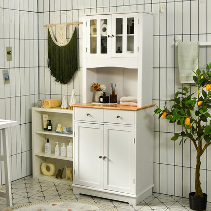 Tall Kitchen Pantry Cabinet with Glass Doors Adjustable Shelves and Wood Countertop Hutch