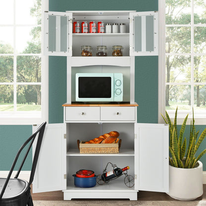 Tall Kitchen Pantry Cabinet with Glass Doors Adjustable Shelves and Wood Countertop Hutch