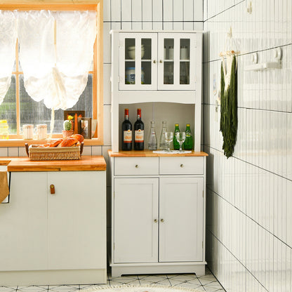 Tall Kitchen Pantry Cabinet with Glass Doors Adjustable Shelves and Wood Countertop Hutch