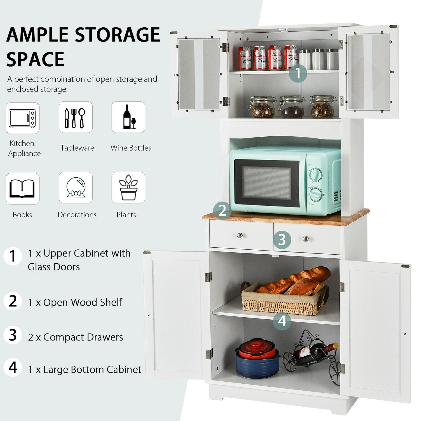 Tall Kitchen Pantry Cabinet with Glass Doors Adjustable Shelves and Wood Countertop Hutch