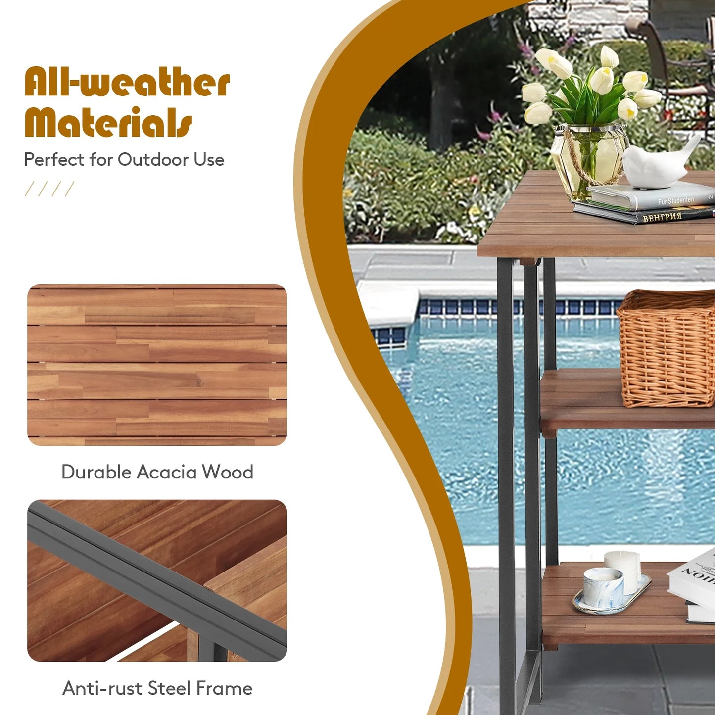 Folding Acacia Wood Outdoor Dining Table with Storage Shelves for Patio Garden or Balcony