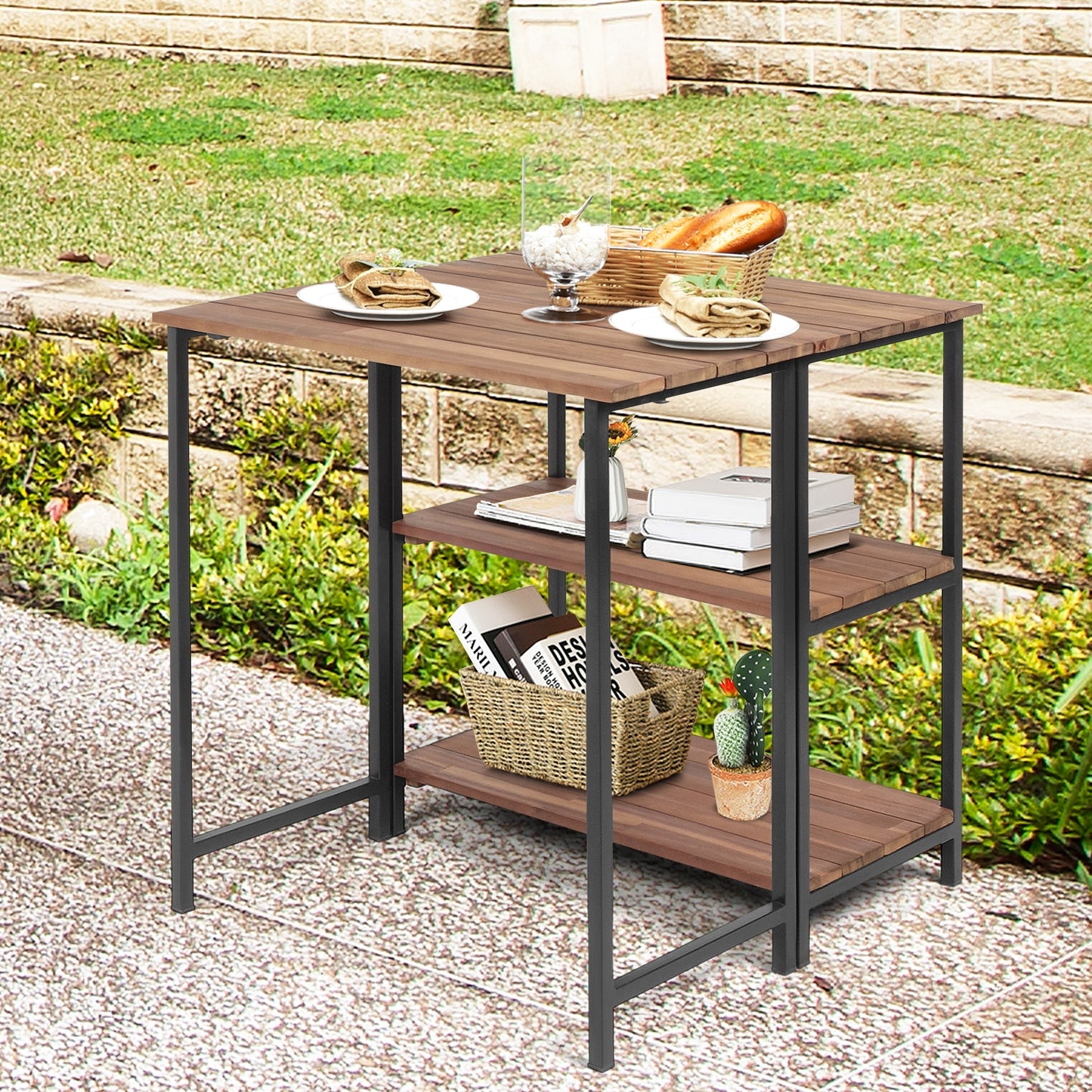 Folding Acacia Wood Outdoor Dining Table with Storage Shelves for Patio Garden or Balcony