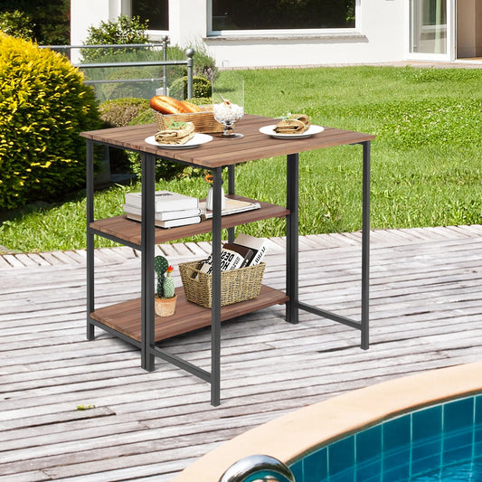 Folding Acacia Wood Outdoor Dining Table with Storage Shelves for Patio Garden or Balcony