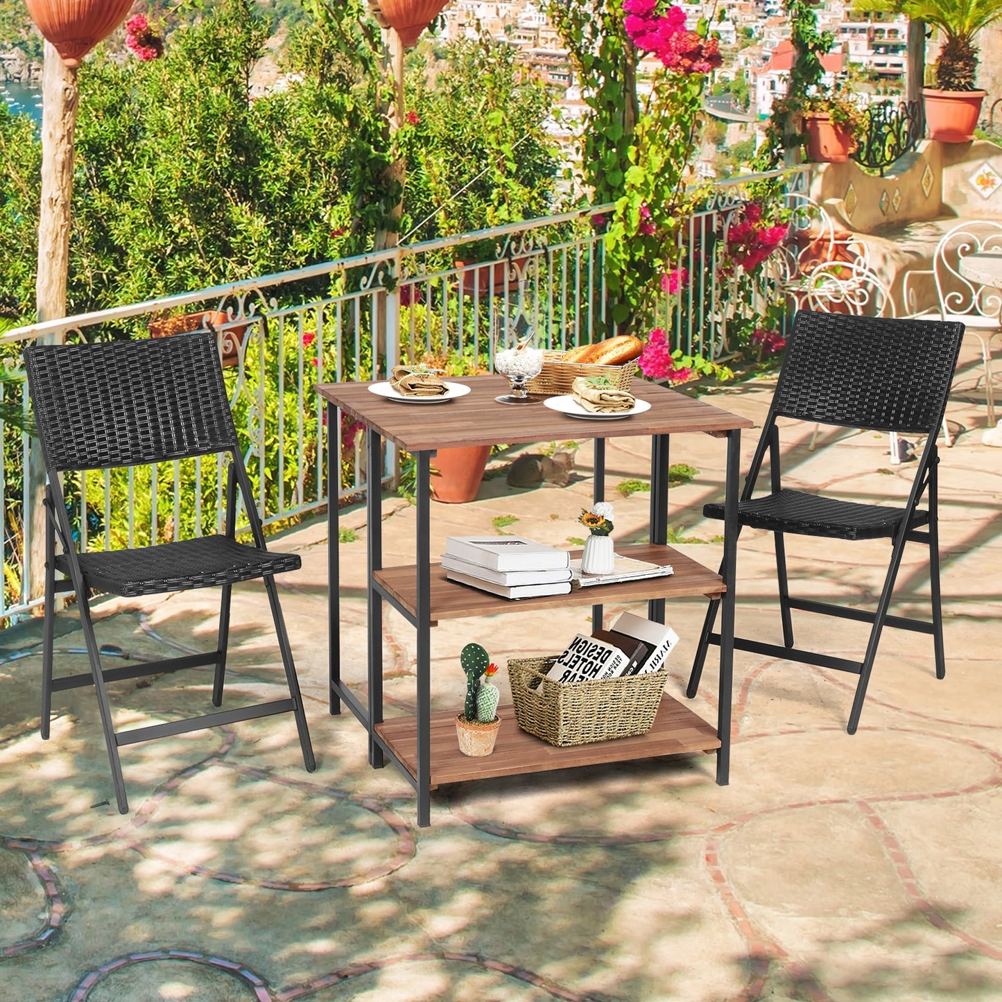 Folding Acacia Wood Outdoor Dining Table with Storage Shelves for Patio Garden or Balcony