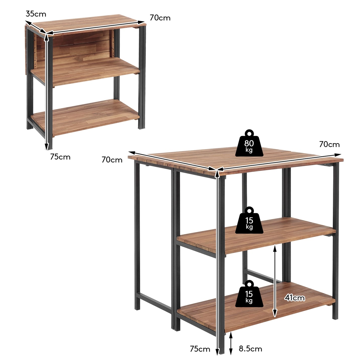Folding Acacia Wood Outdoor Dining Table with Storage Shelves for Patio Garden or Balcony