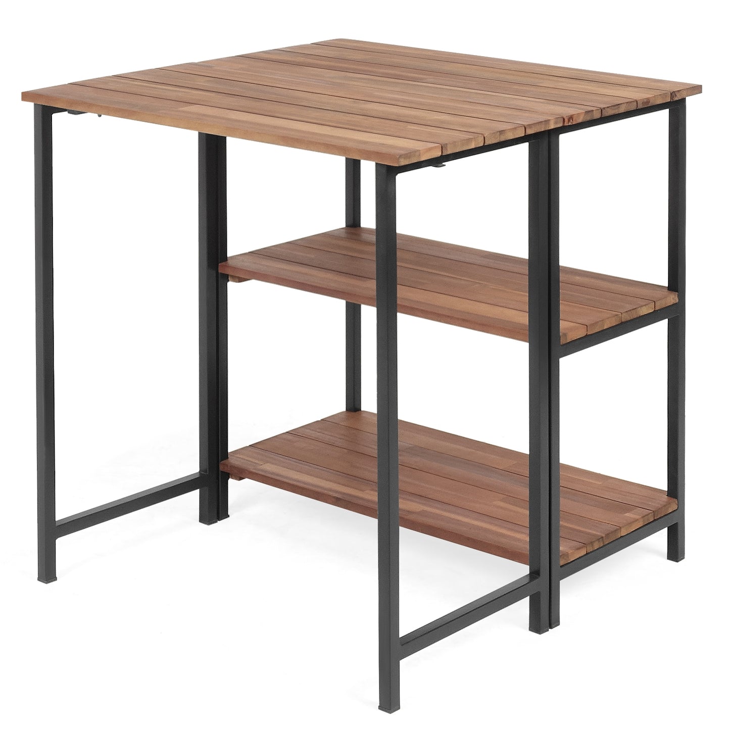Folding Acacia Wood Outdoor Dining Table with Storage Shelves for Patio Garden or Balcony