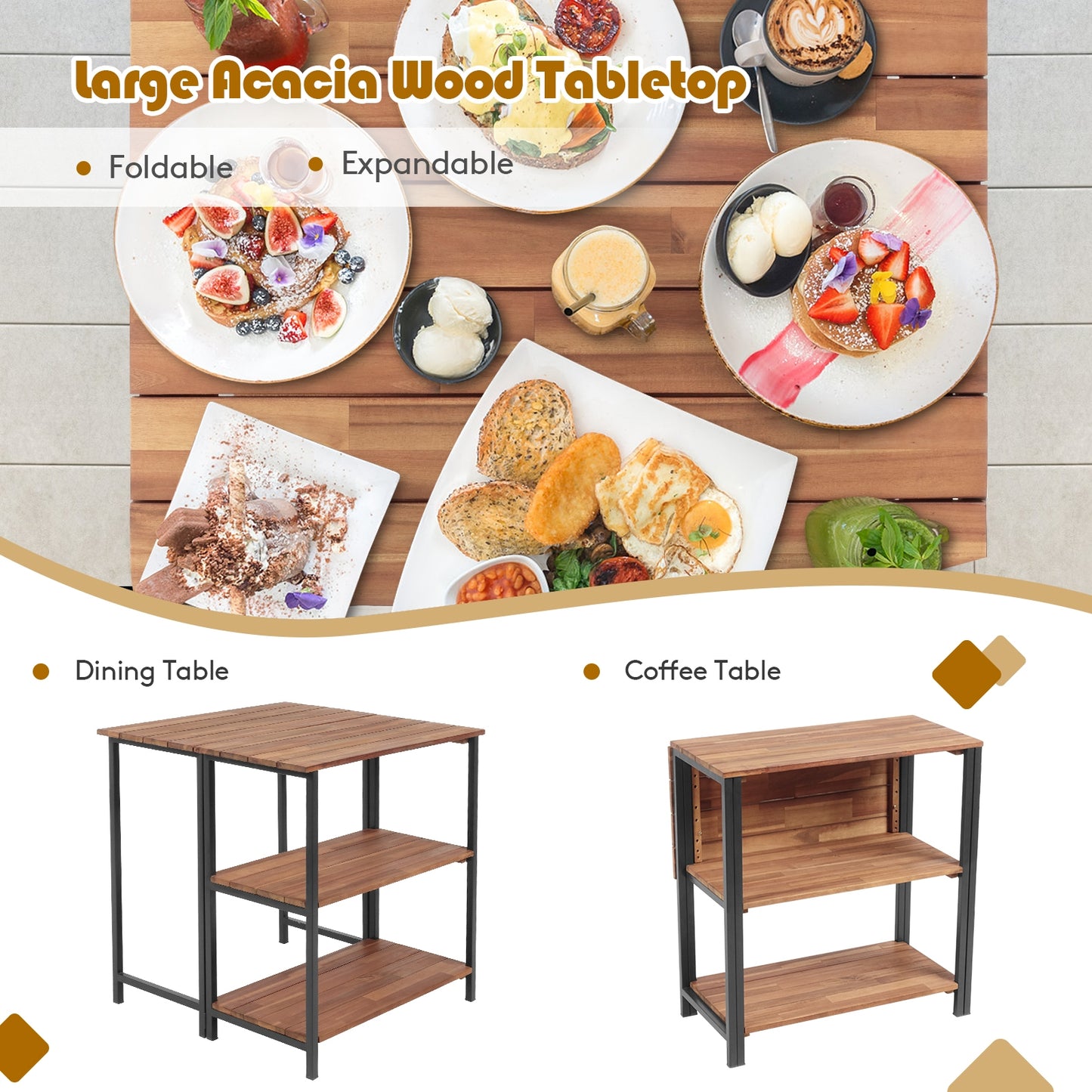 Folding Acacia Wood Outdoor Dining Table with Storage Shelves for Patio Garden or Balcony