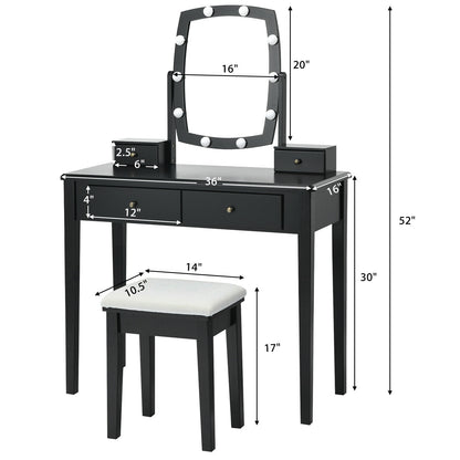Vanity Table Set with Lighted Mirror and Storage for Bedroom and Dressing Room - Black
