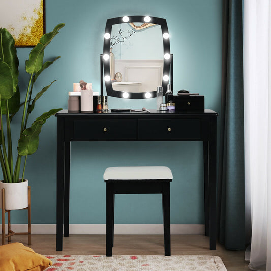 Vanity Table Set with Lighted Mirror and Storage for Bedroom and Dressing Room - Black