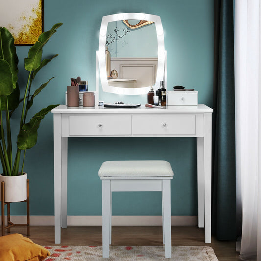 Vanity Table Set with Lighted Mirror and Storage for Bedroom and Dressing Room - White