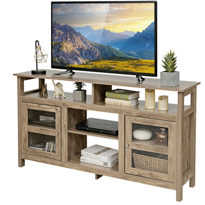 58 Inch TV Stand with Cabinets and Open Shelves for TVs up to 65 Inches, Natural Wood Finish