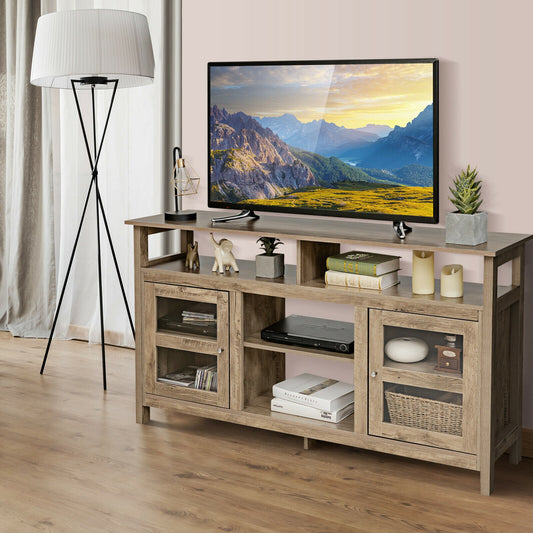 58 Inch TV Stand with Cabinets and Open Shelves for TVs up to 65 Inches, Natural Wood Finish