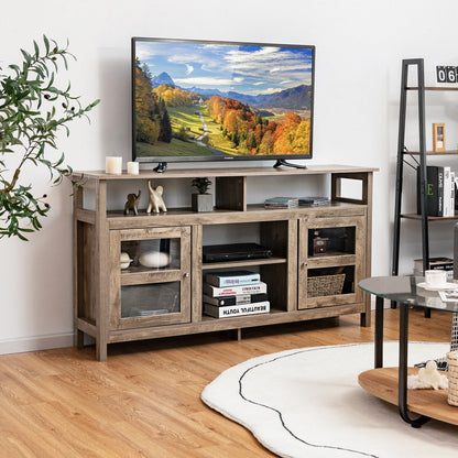 58 Inch TV Stand with Cabinets and Open Shelves for TVs up to 65 Inches, Natural Wood Finish