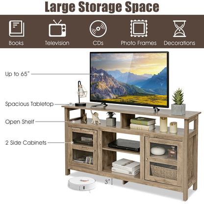 58 Inch TV Stand with Cabinets and Open Shelves for TVs up to 65 Inches, Natural Wood Finish