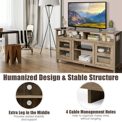 58 Inch TV Stand with Cabinets and Open Shelves for TVs up to 65 Inches, Natural Wood Finish