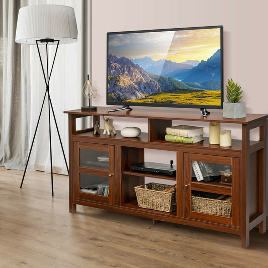 58 Inch TV Stand with Cabinets and Open Shelves for TVs up to 65 Inches, Walnut Wood Finish