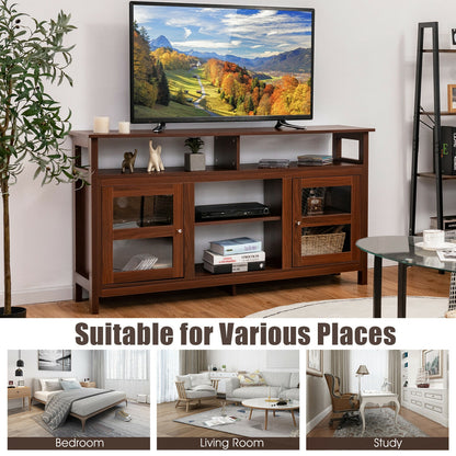 58 Inch TV Stand with Cabinets and Open Shelves for TVs up to 65 Inches, Walnut Wood Finish
