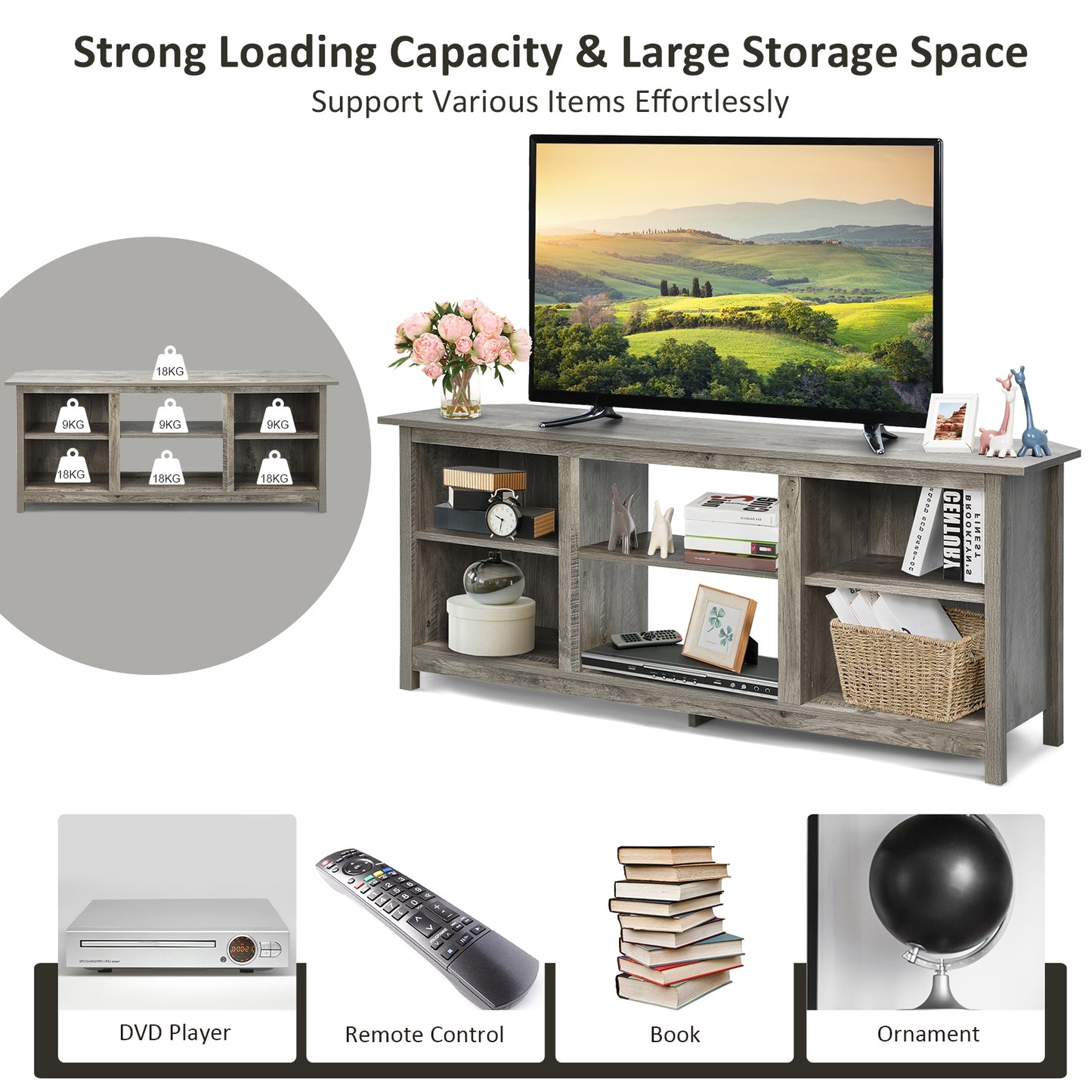 Modern 2-Tier TV Stand and Media Console with Open Shelves for Living Room - Grey