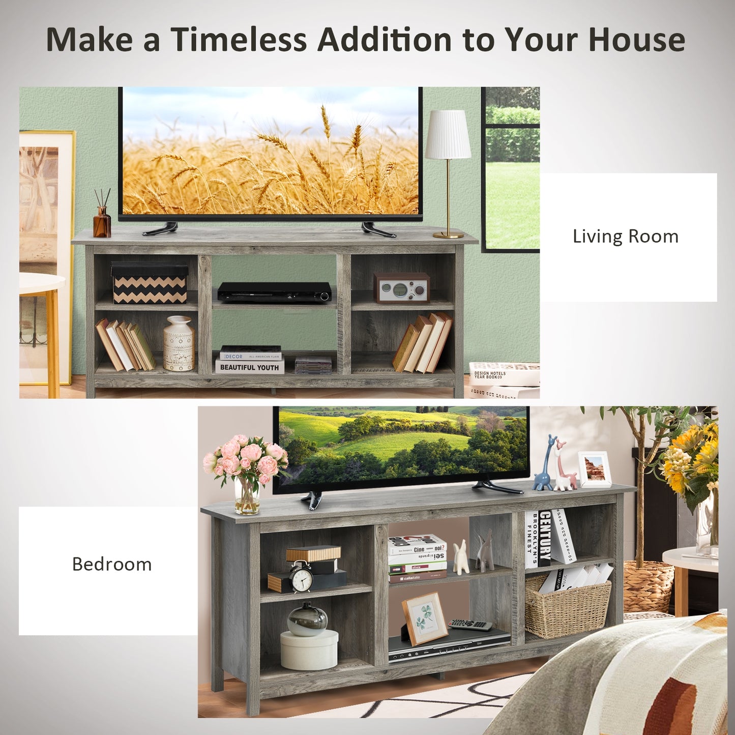 Modern 2-Tier TV Stand and Media Console with Open Shelves for Living Room - Grey
