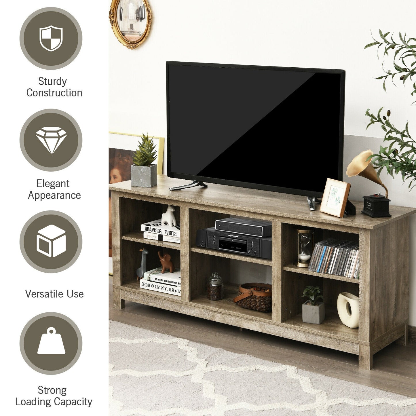2 Tier TV Stand and Media Console for TVs up to 65 Inches with Open Storage Shelves in Grey