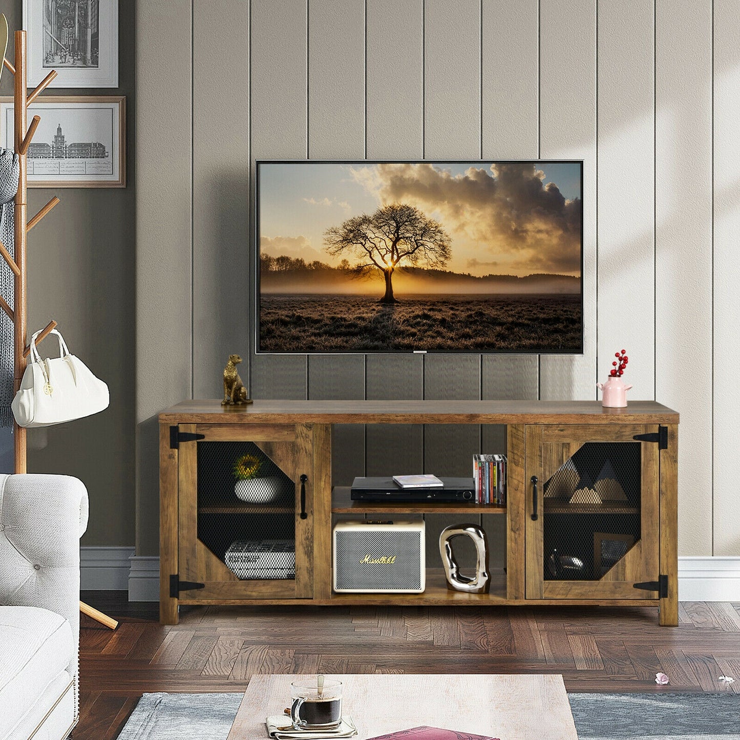 Industrial TV Console with Mesh Door Cabinets and Adjustable Storage for TVs up to 65 Inches