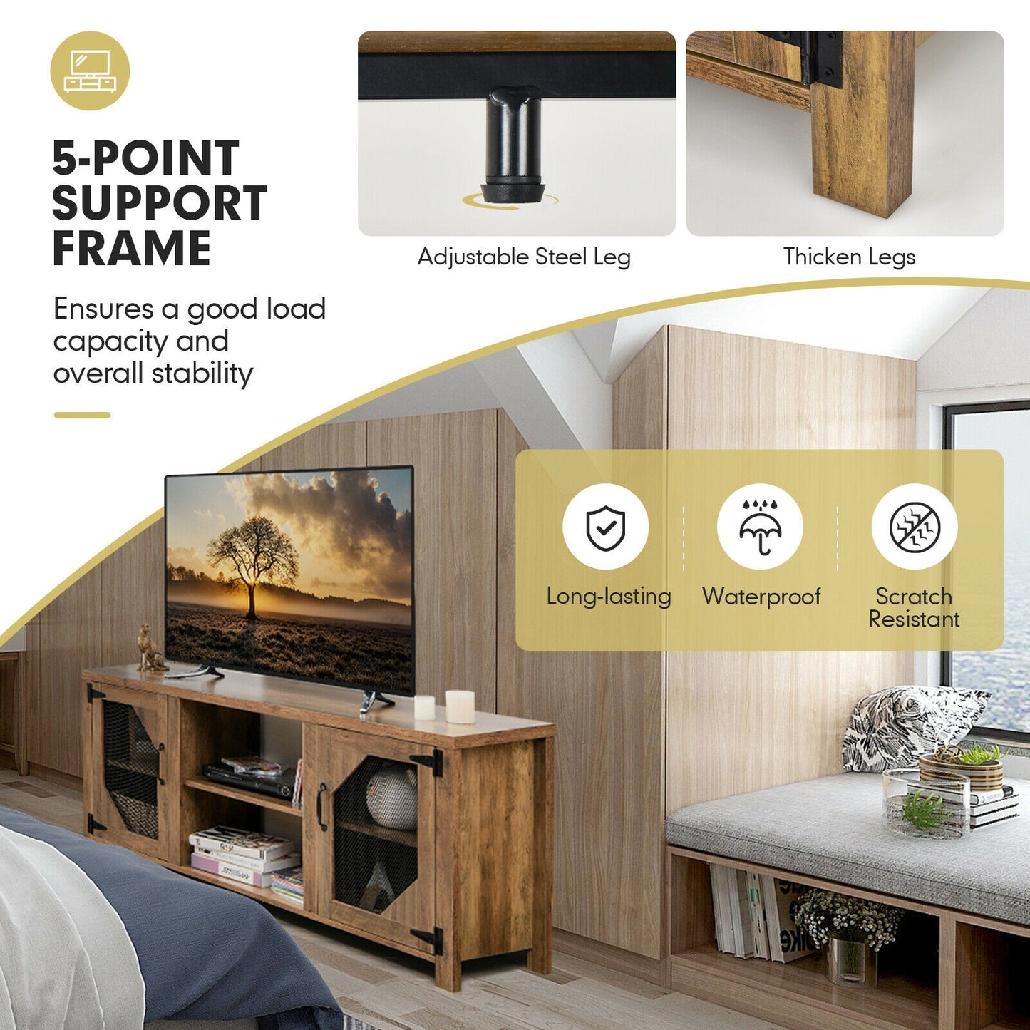 Industrial TV Console with Mesh Door Cabinets and Adjustable Storage for TVs up to 65 Inches