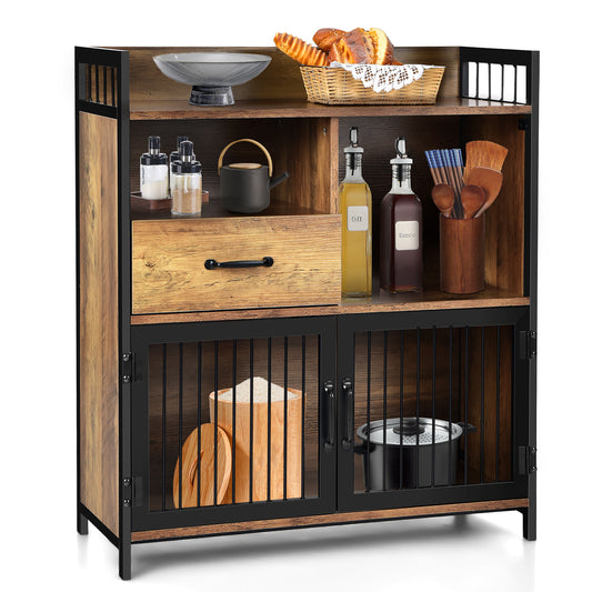 Modern Buffet Server Cabinet with Storage Drawer and Steel Mesh Doors