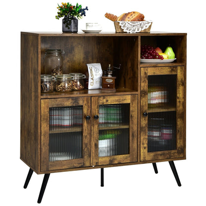 Industrial Buffet Cabinet with Glass Doors Adjustable Shelves and Open Storage